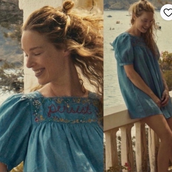 Doen Dresses & Skirts - Doen Blue Puff-Sleeve Mini Dress with Embroidered 'persist'